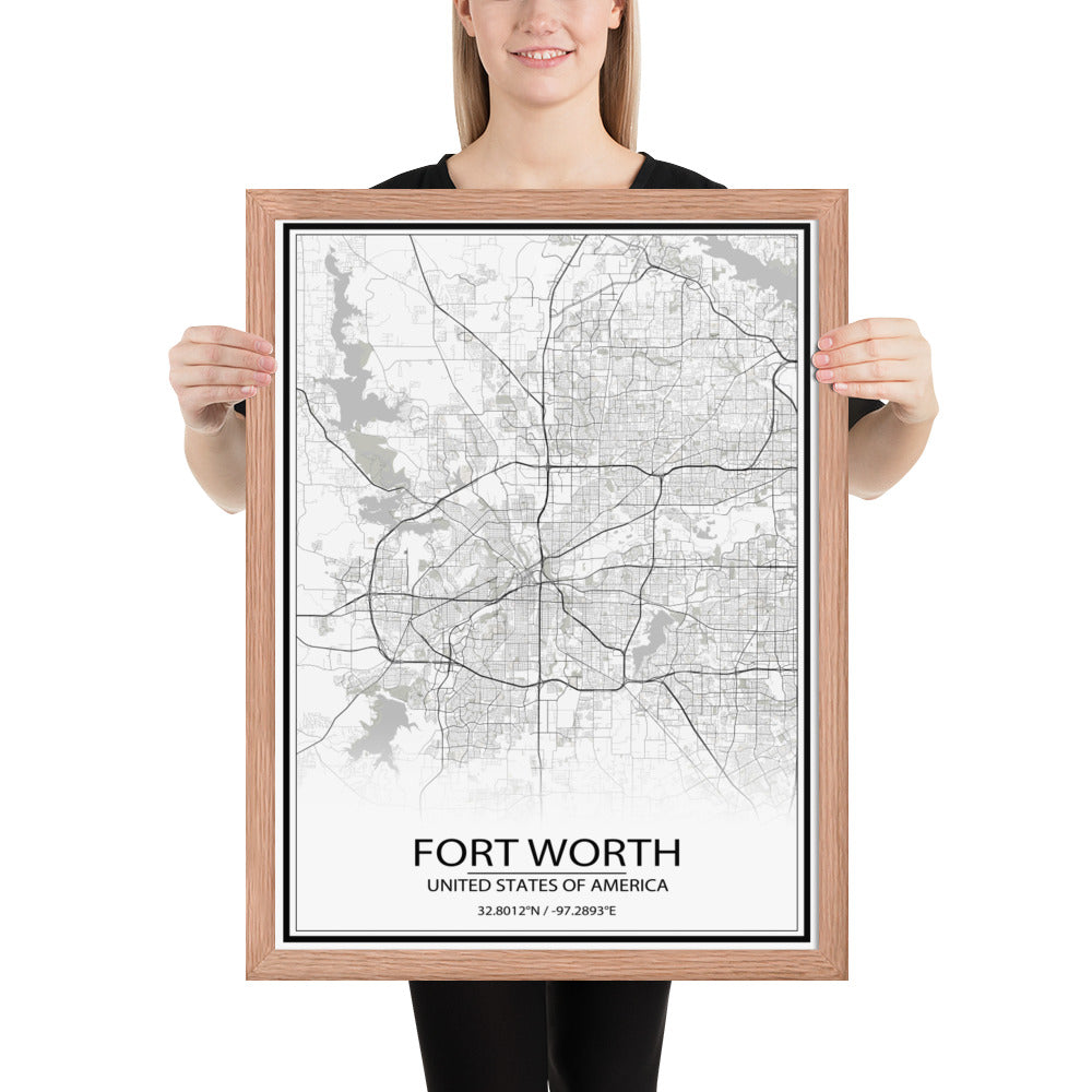 Fort Worth White Framed Map