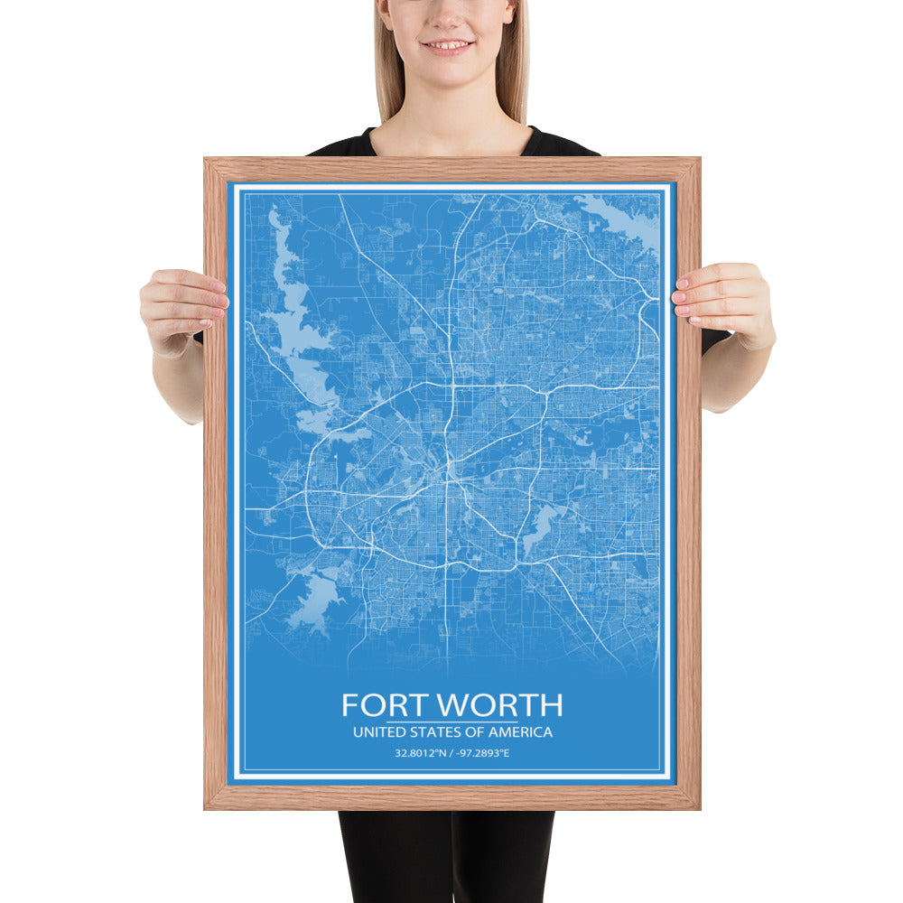 Fort Worth Blue and White Framed Map