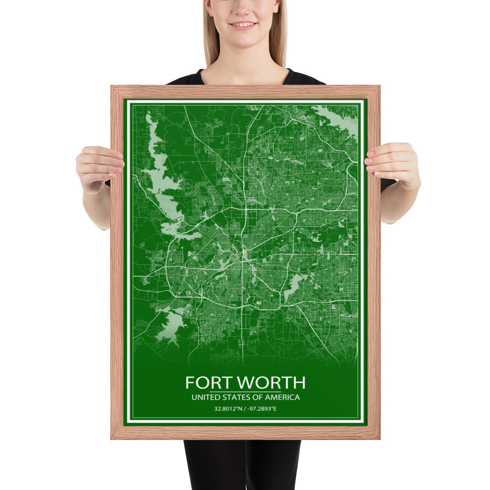 Fort Worth Green and White Framed Map