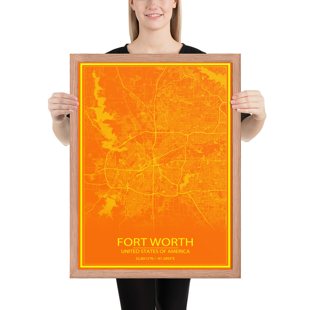 Fort Worth Orange and Yellow Framed Map