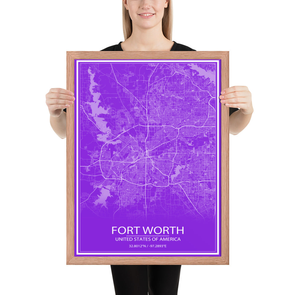 Fort Worth Purple and White Framed Map