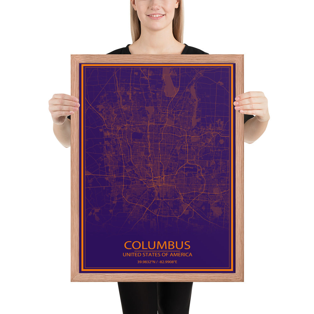 Columbus Purple and Orange Framed Map