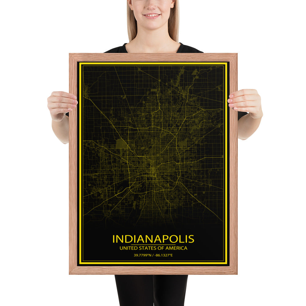 Indianapolis Black and Yellow Framed Map