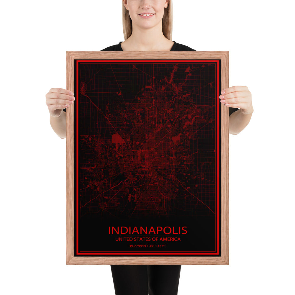 Indianapolis Black and Red Framed Map