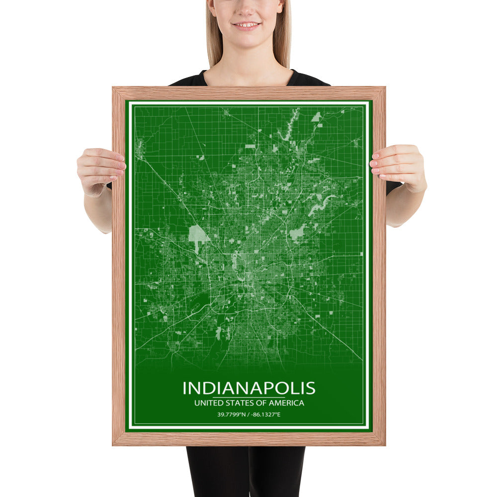 Indianapolis Green and White Framed Map