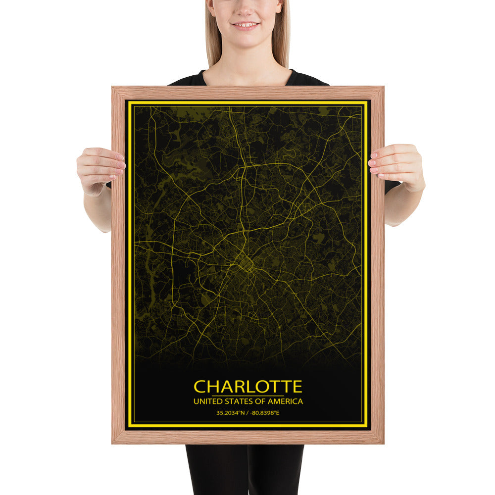 Charlotte Black and Yellow Framed Map