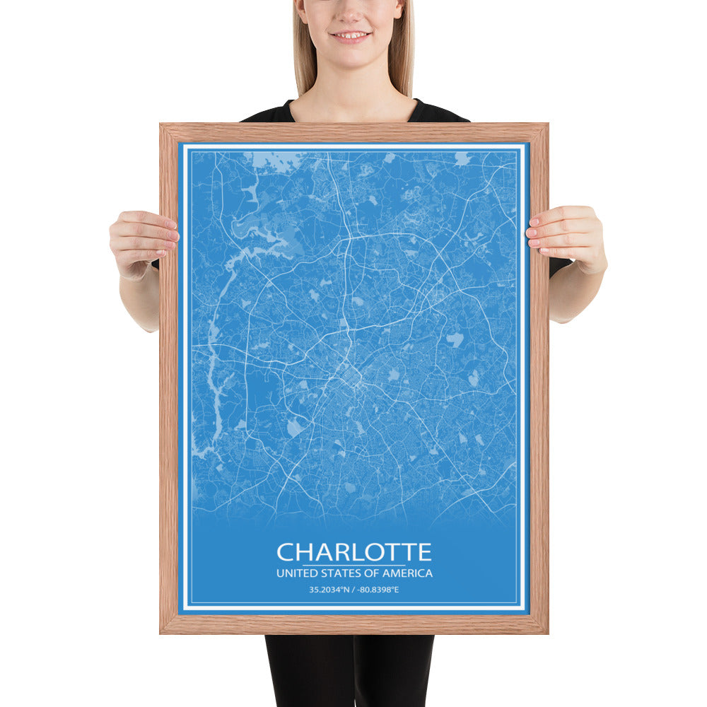 Charlotte Blue and White Framed Map