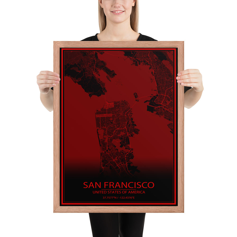 San Francisco Black and Red Framed Map