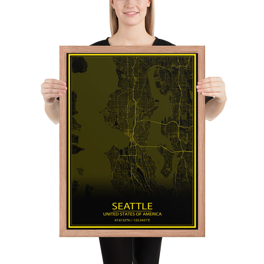 Seattle Black and Yellow Framed Map