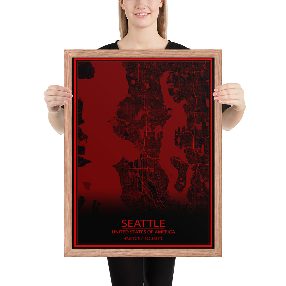 Seattle Black and Red Framed Map