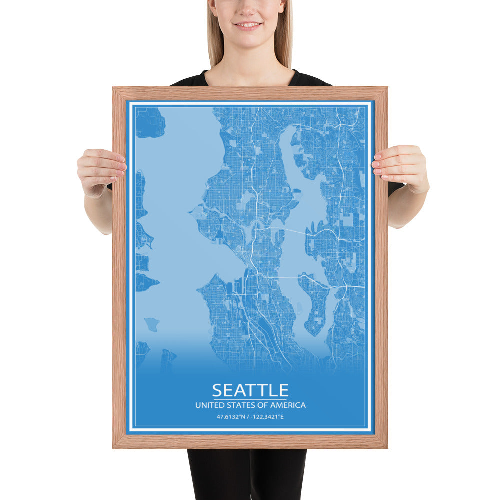 Seattle Blue and White Framed Map