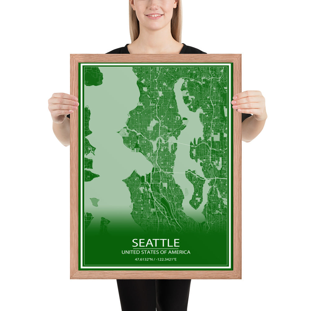 Seattle Green and White Framed Map