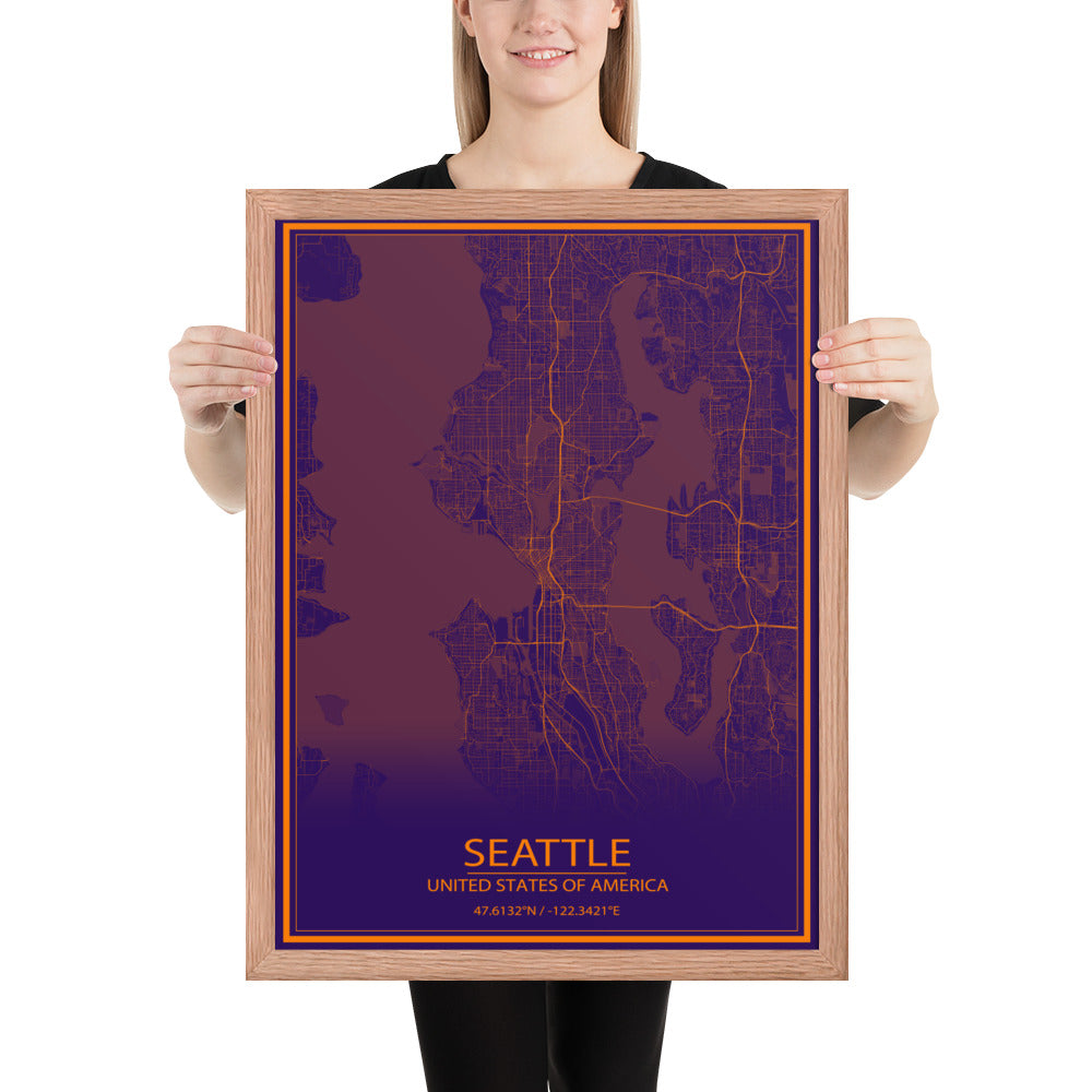 Seattle Purple and Orange Framed Map