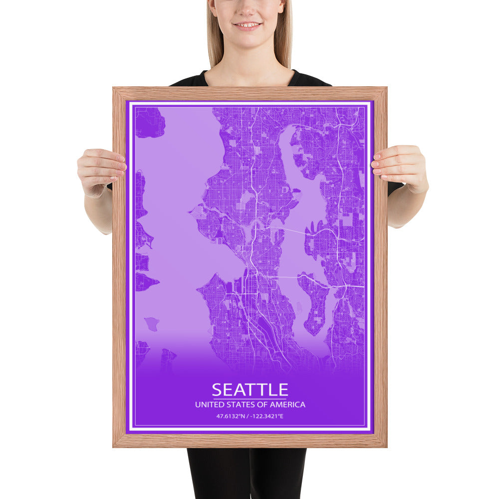 Seattle Purple and White Framed Map