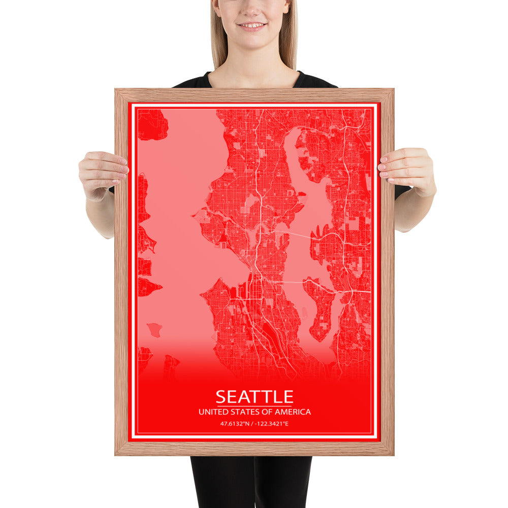 Seattle Red and White Framed Map