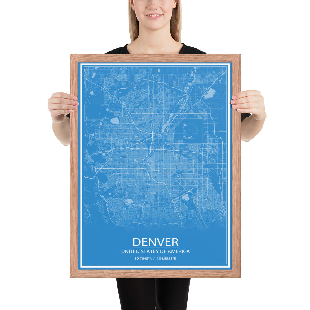 Denver Blue and White Framed Map