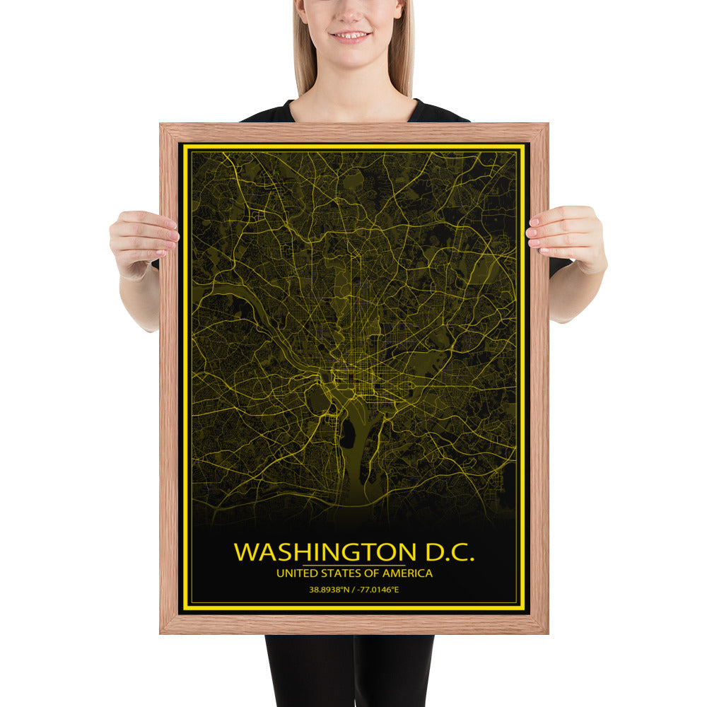 Washington, D.C. Black and Yellow Framed Map