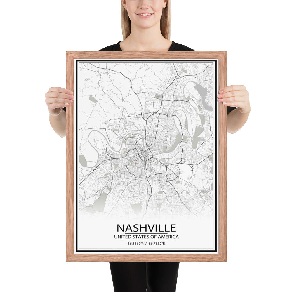 Nashville White Framed Map