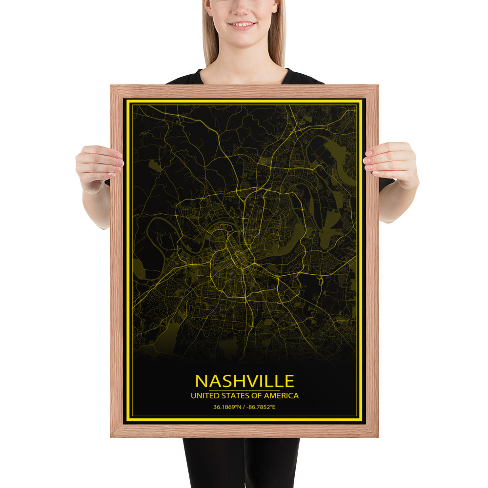 Nashville Black and Yellow Framed Map