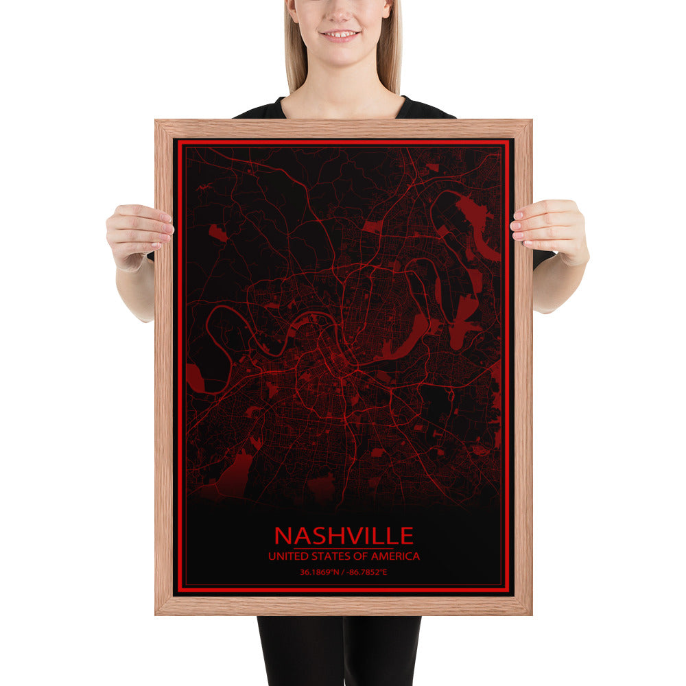 Nashville Black and Red Framed Map