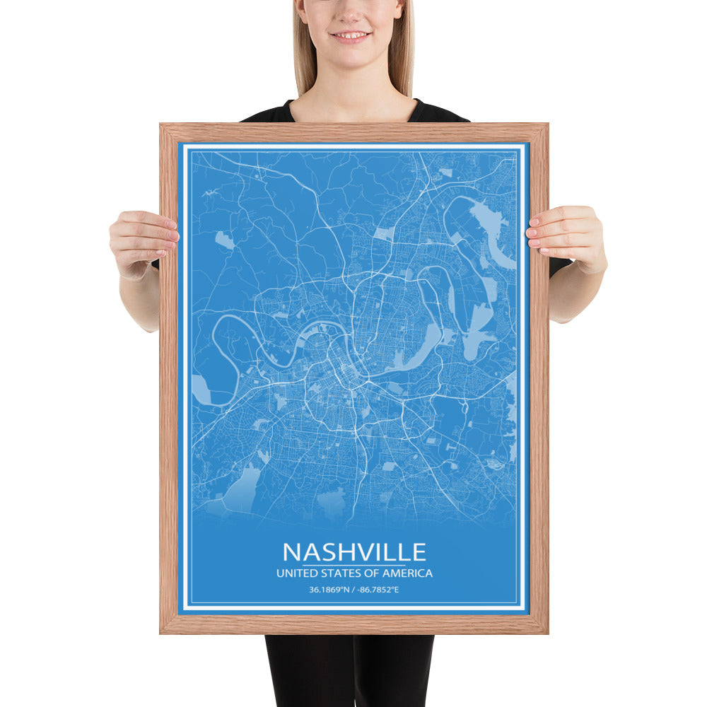 Nashville Blue and White Framed Map