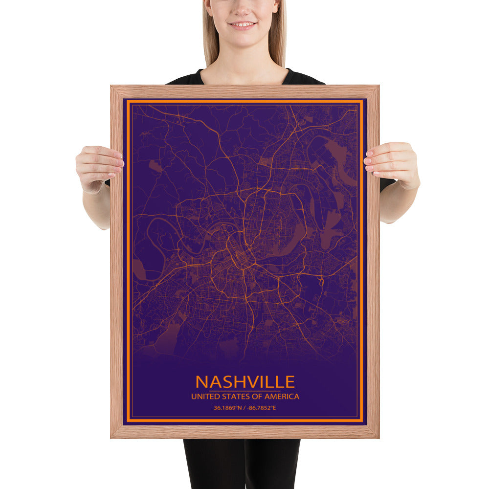 Nashville Purple and Orange Framed Map