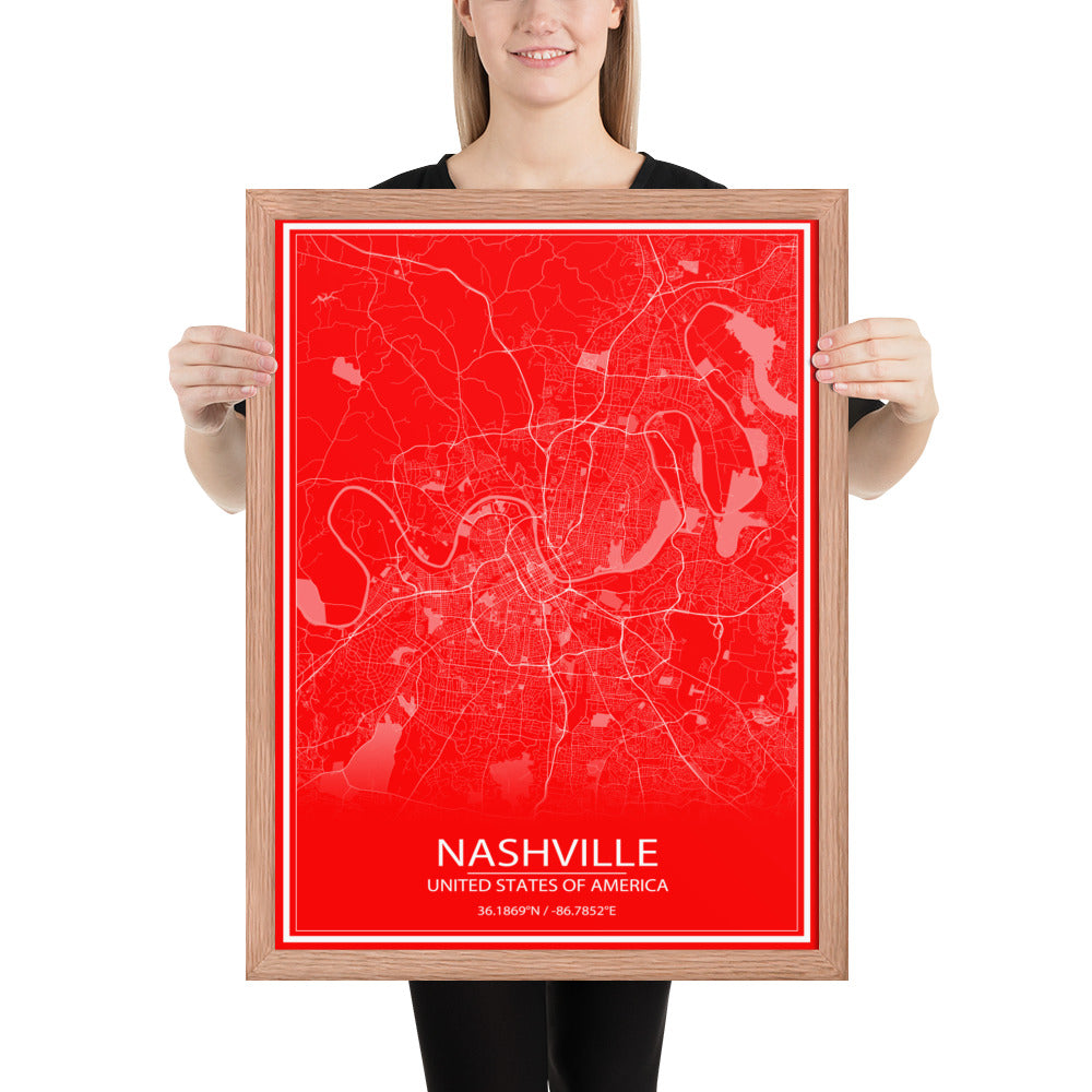 Nashville Red and White Framed Map