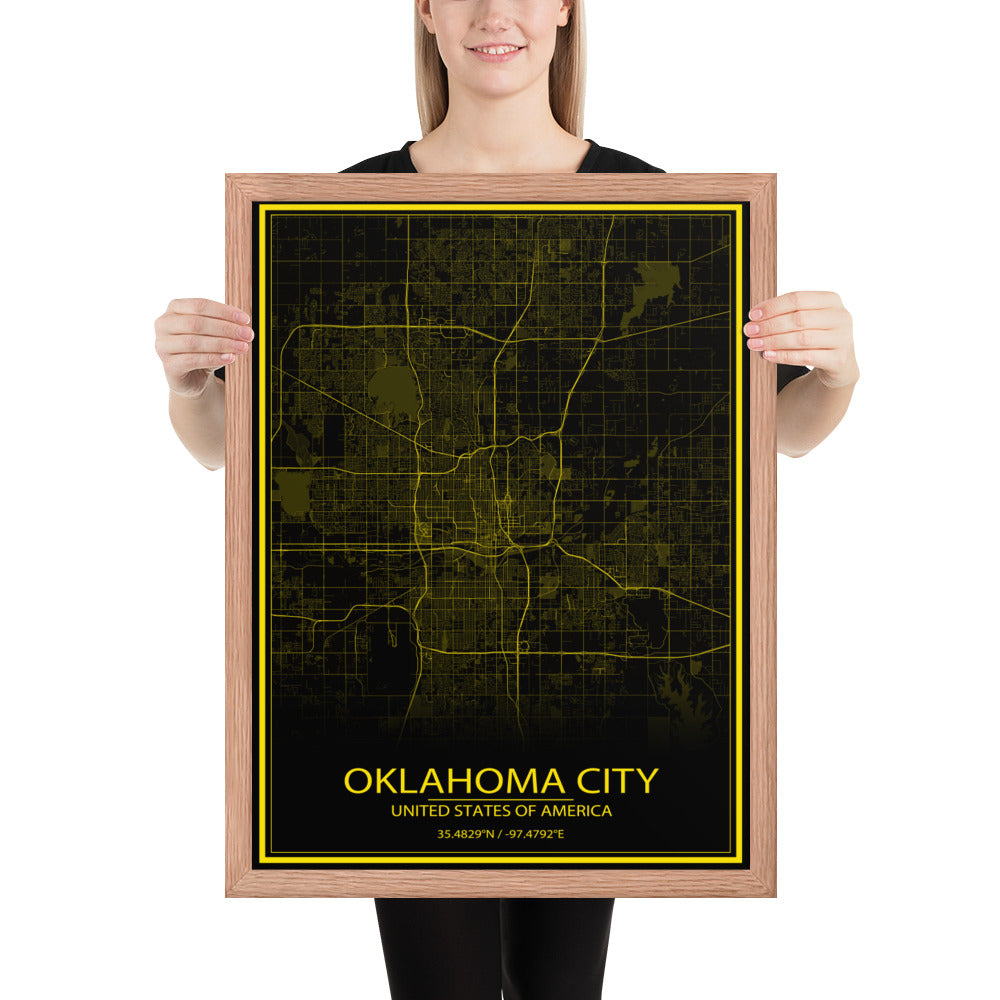 Oklahoma City Black and Yellow Framed Map