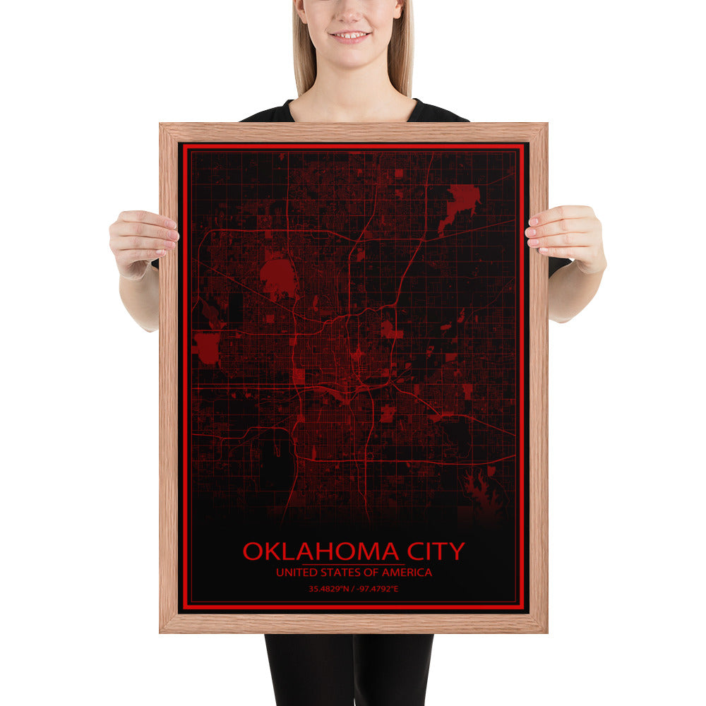 Oklahoma City Black and Red Framed Map