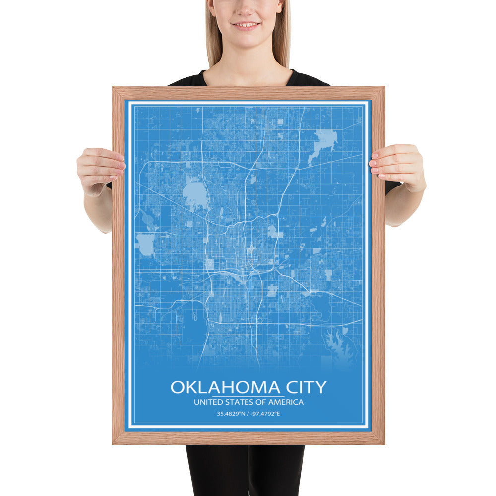 Oklahoma City Blue and White Framed Map