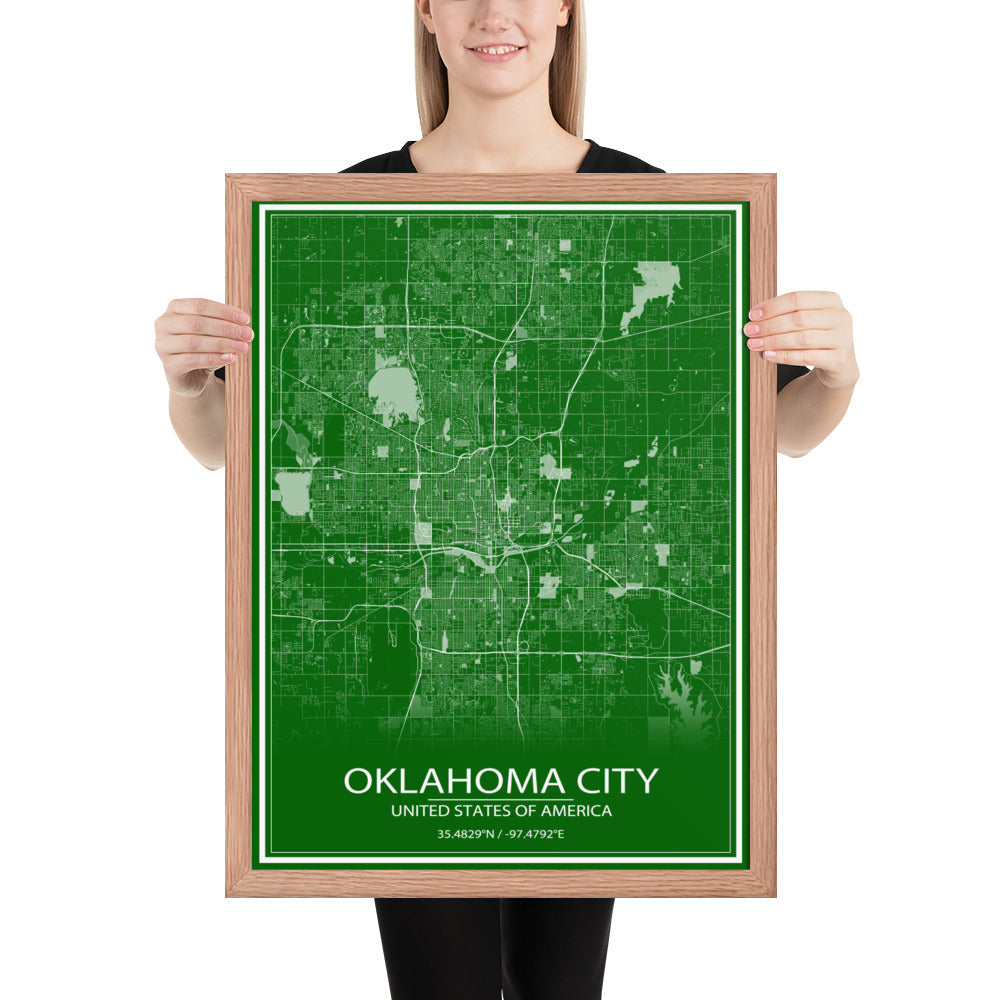 Oklahoma City Green and White Framed Map