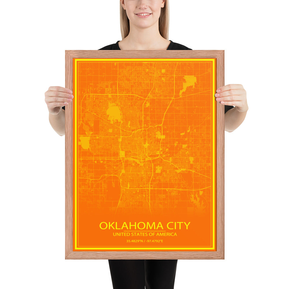 Oklahoma City Orange and Yellow Framed Map