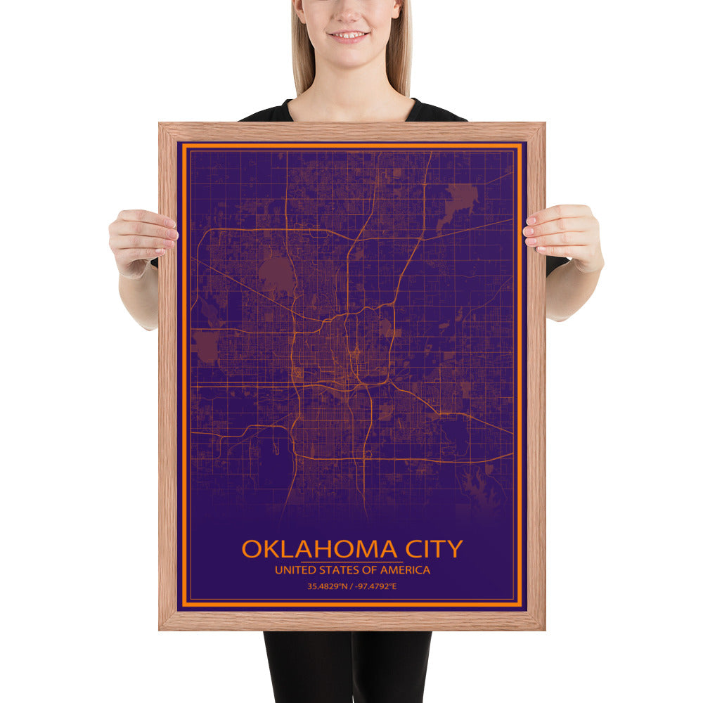 Oklahoma City Purple and Orange Framed Map