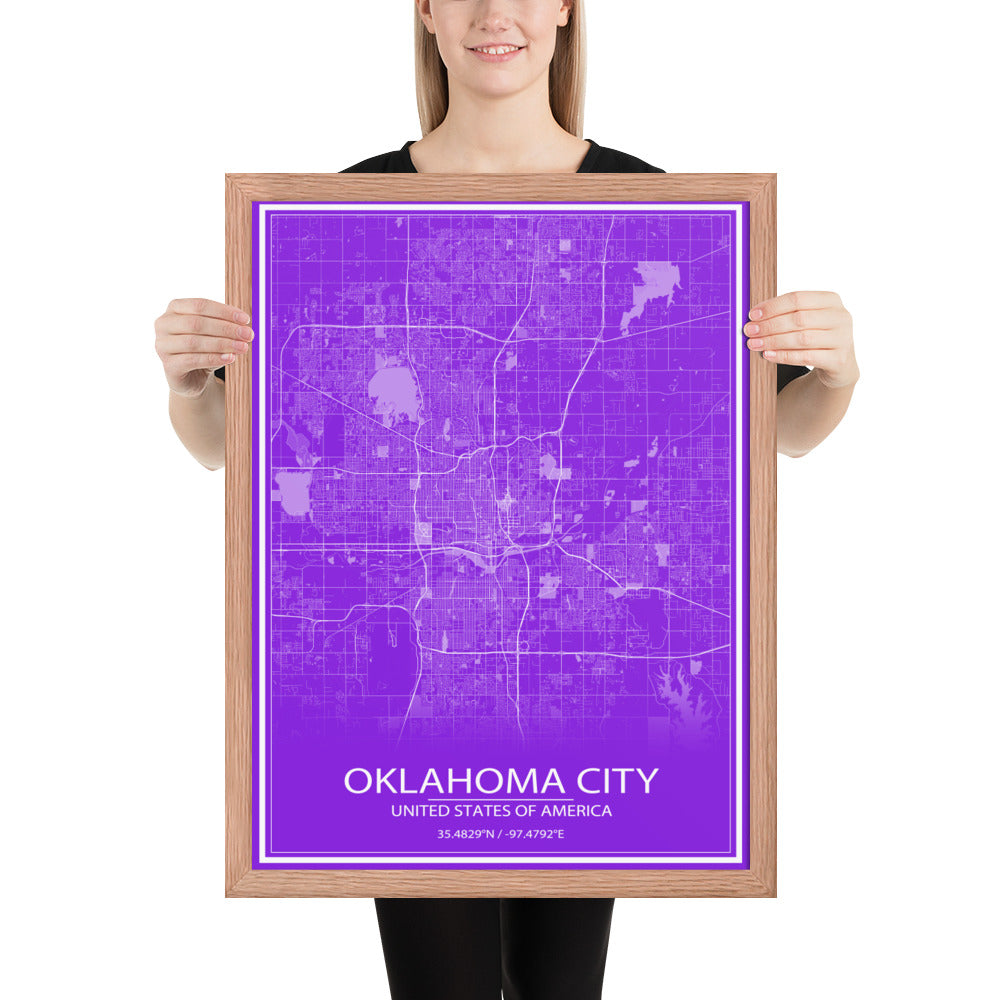 Oklahoma City Purple and White Framed Map