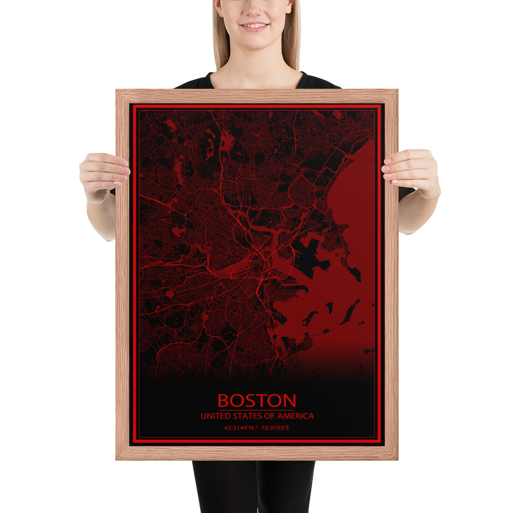 Boston Black and Red Framed Map