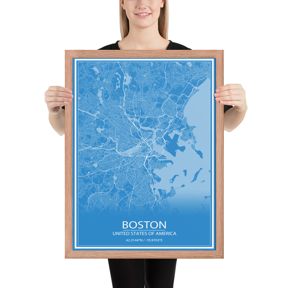 Boston Blue and White Framed Map