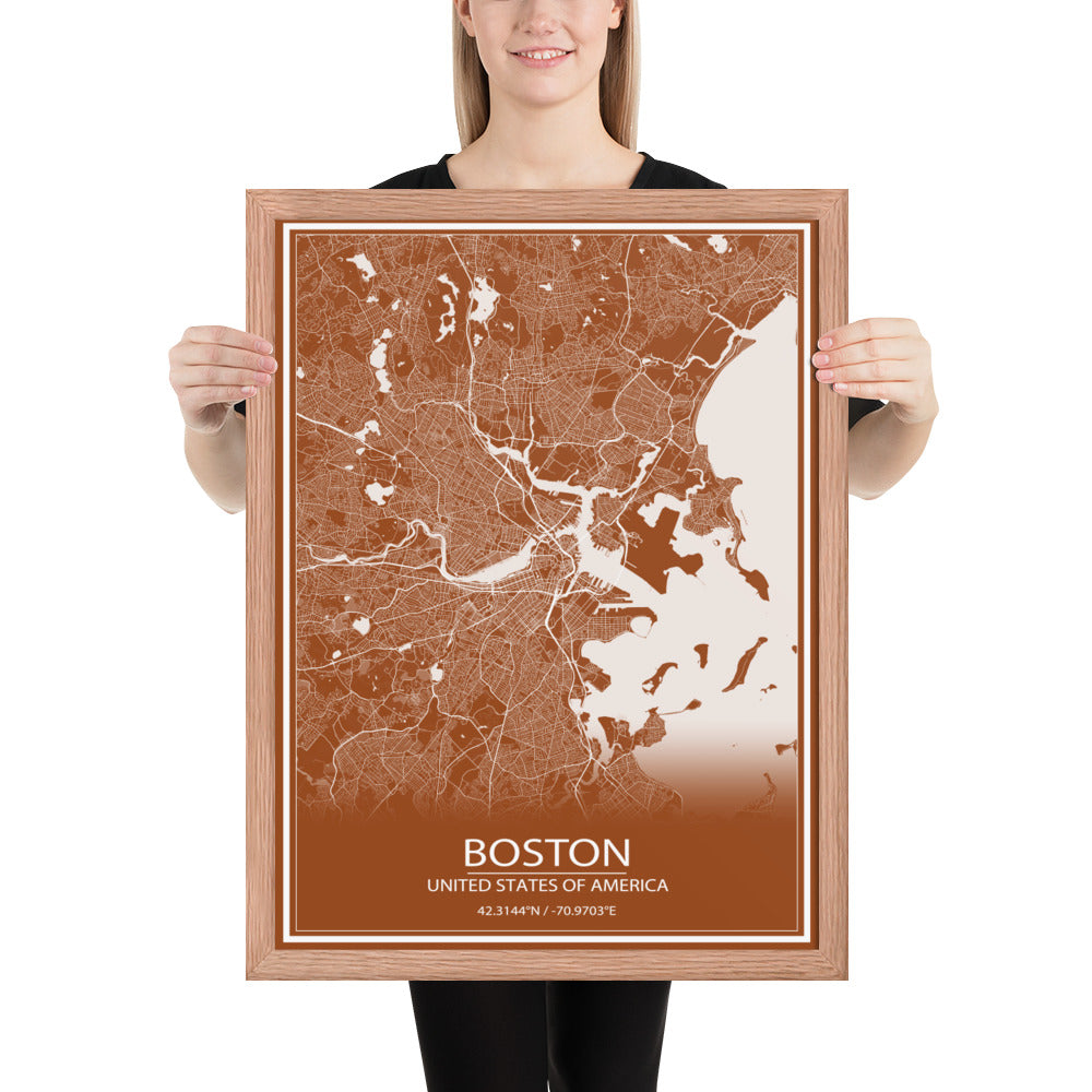 Boston Brown and White Framed Map