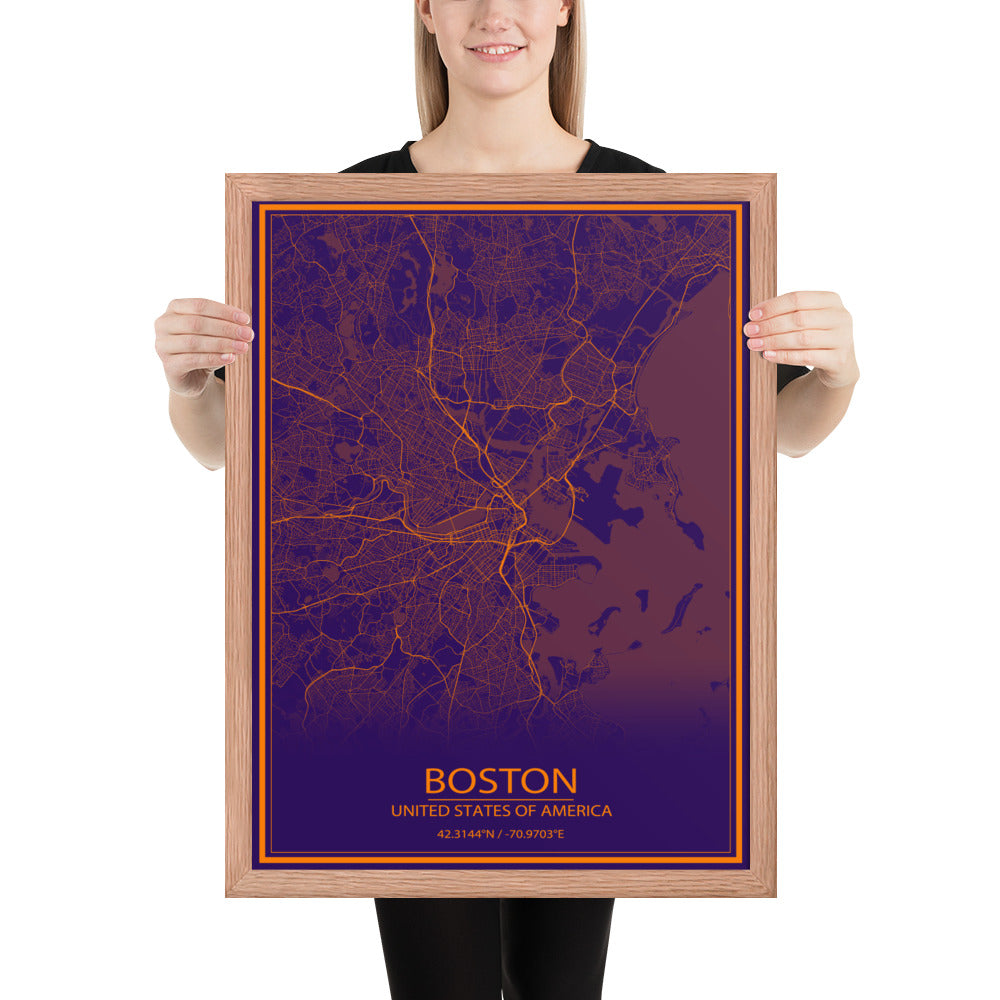 Boston Purple and Orange Framed Map