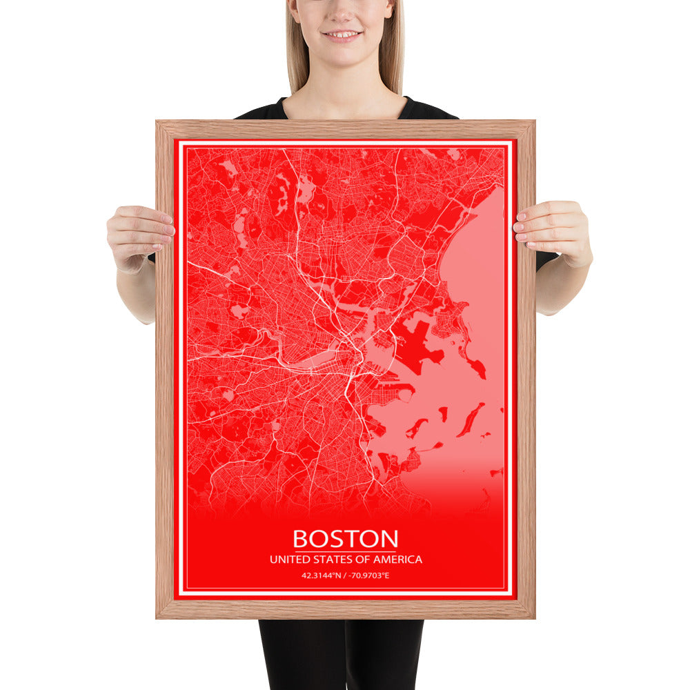 Boston Red and White Framed Map