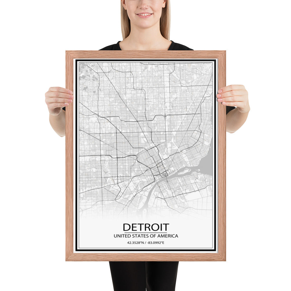 Detroit White Framed Map