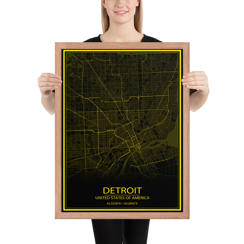 Detroit Black and Yellow Framed Map