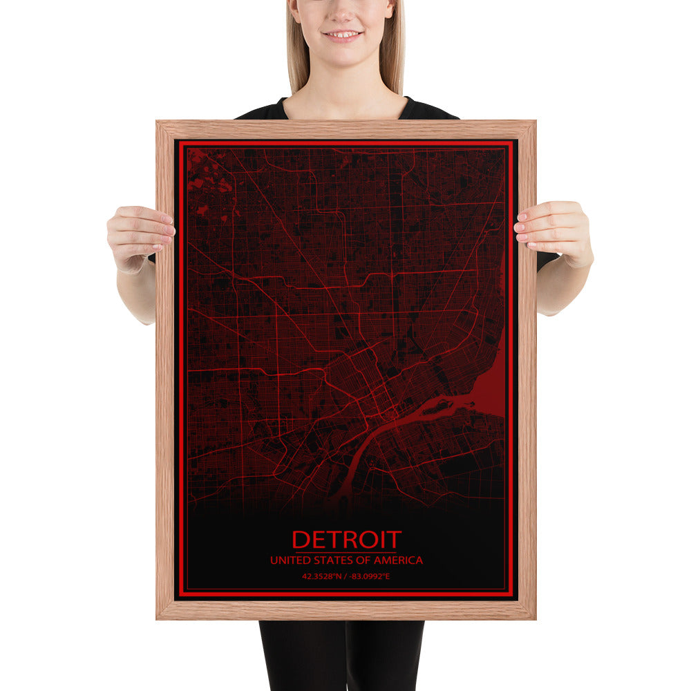 Detroit Black and Red Framed Map