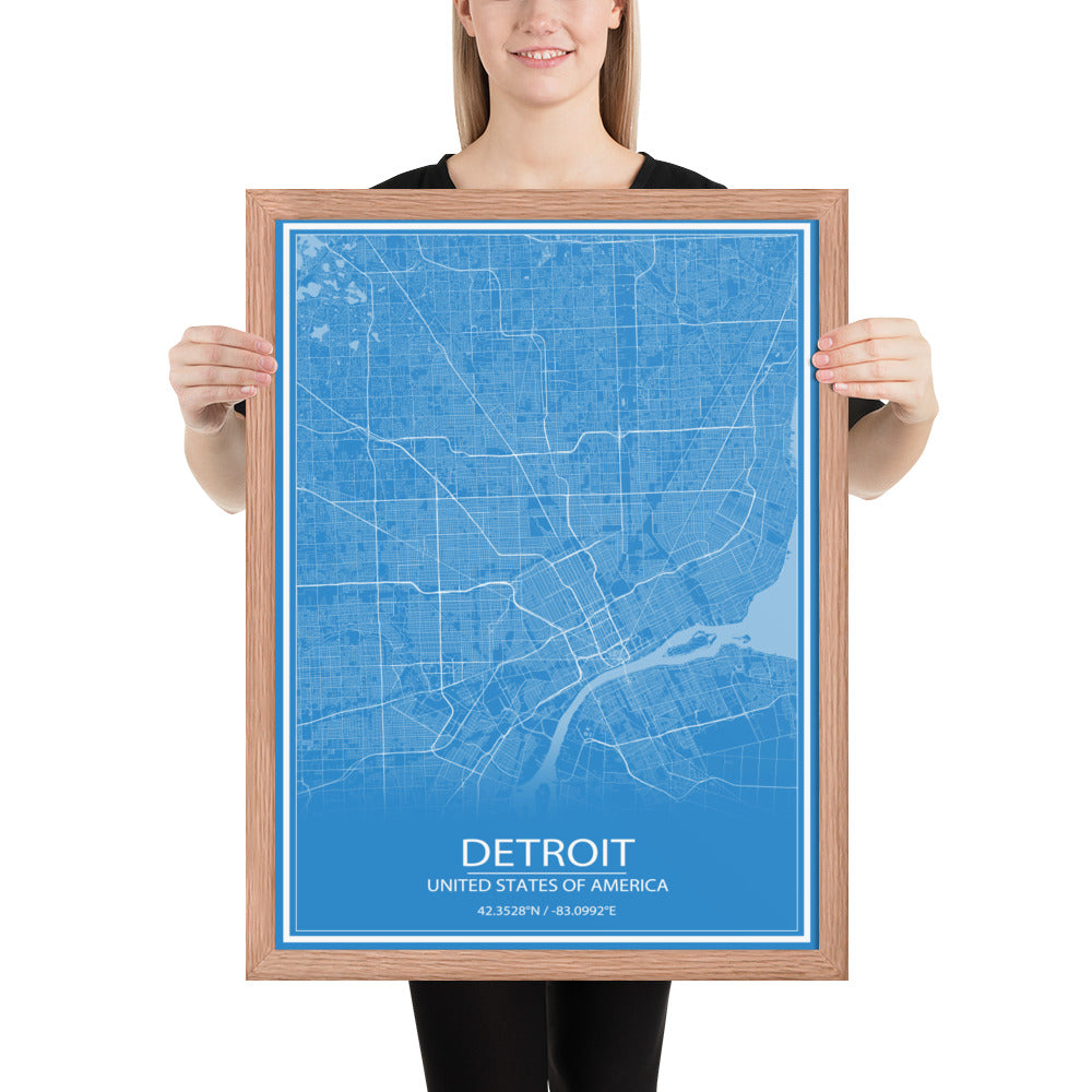 Detroit Blue and White Framed Map