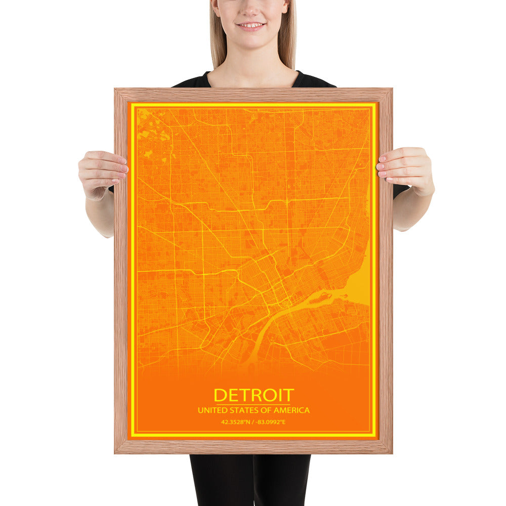 Detroit Orange and Yellow Framed Map