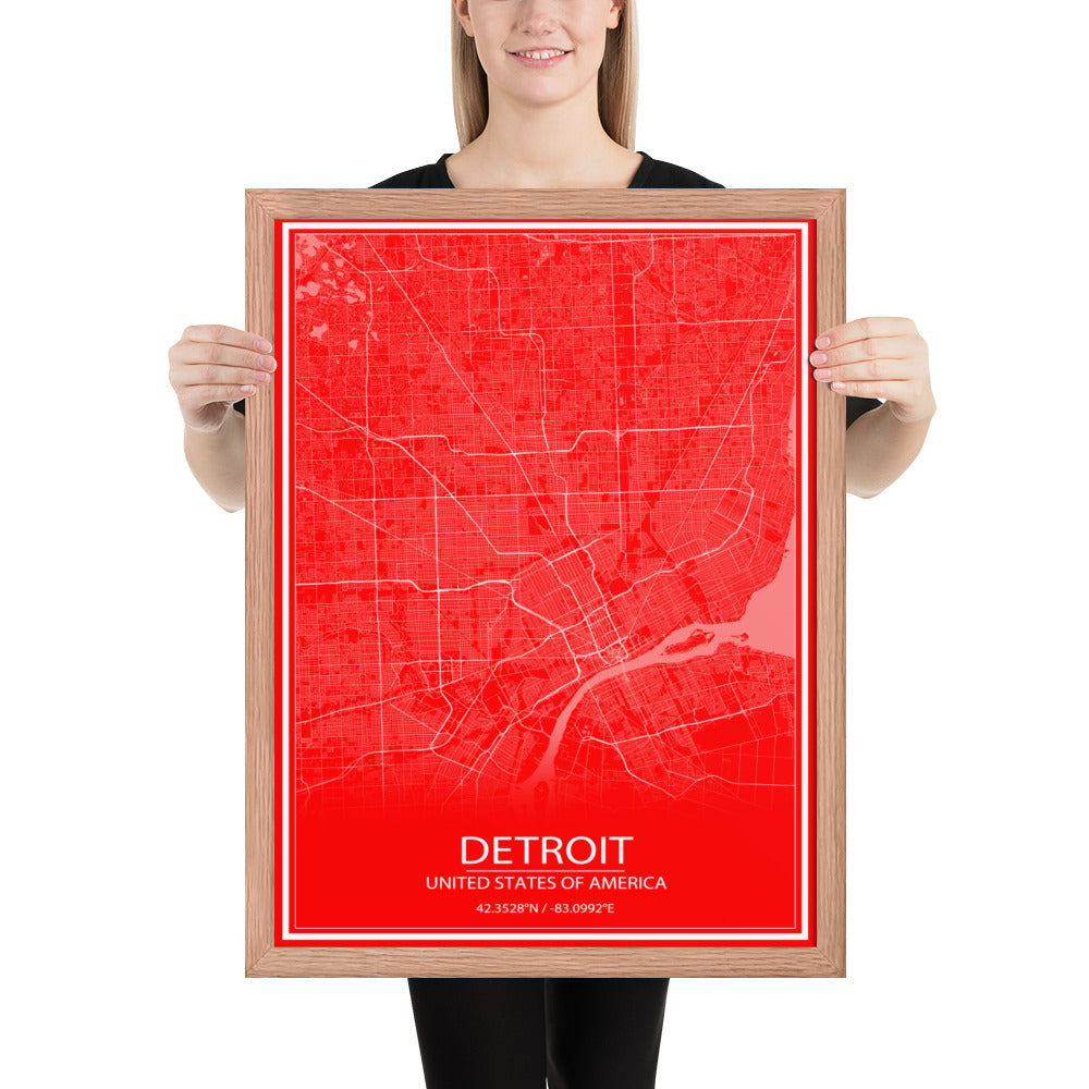 Detroit Red and White Framed Map