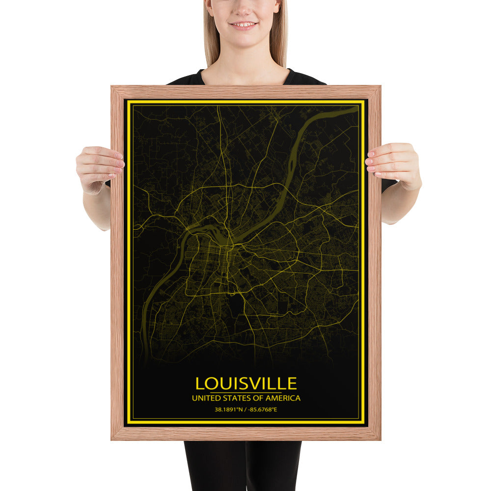 Louisville Black and Yellow Framed Map