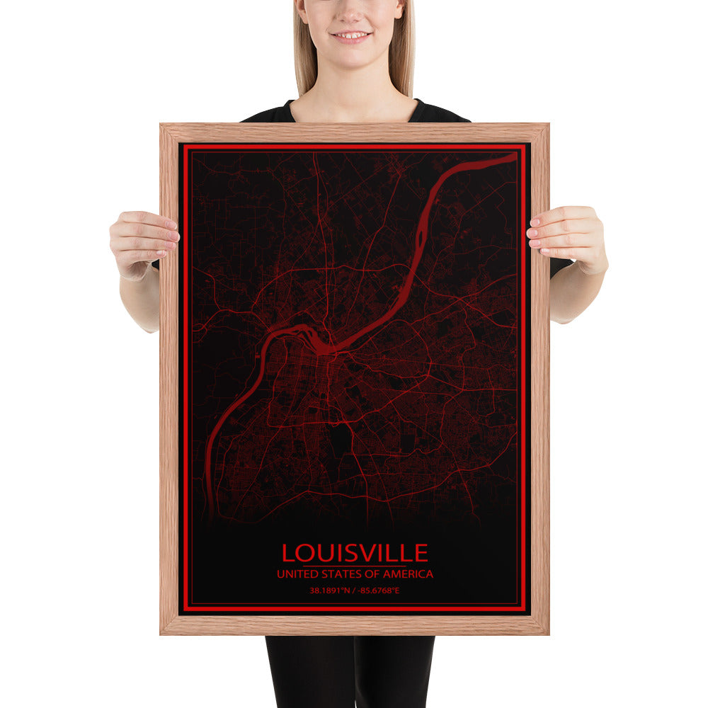 Louisville Black and Red Framed Map