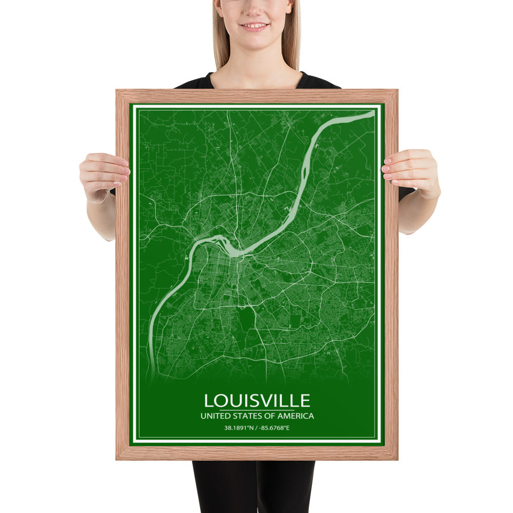 Louisville Green and White Framed Map