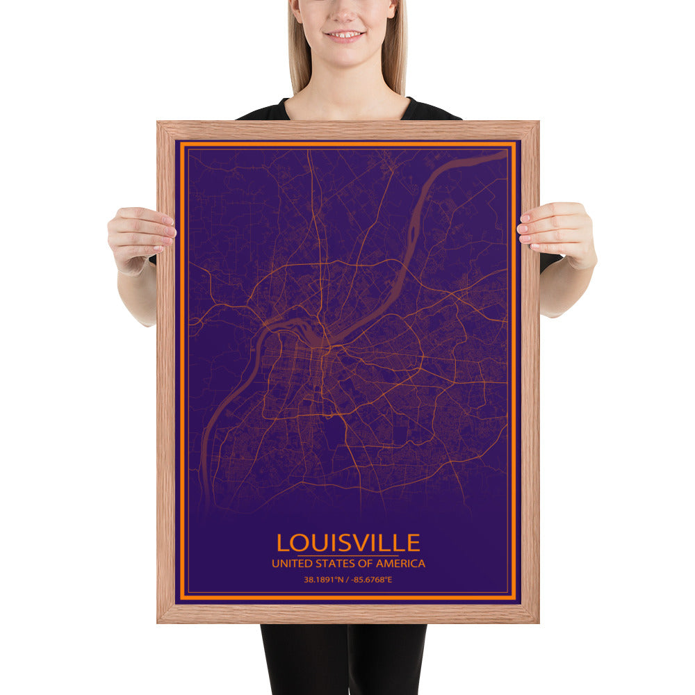 Louisville Purple and Orange Framed Map