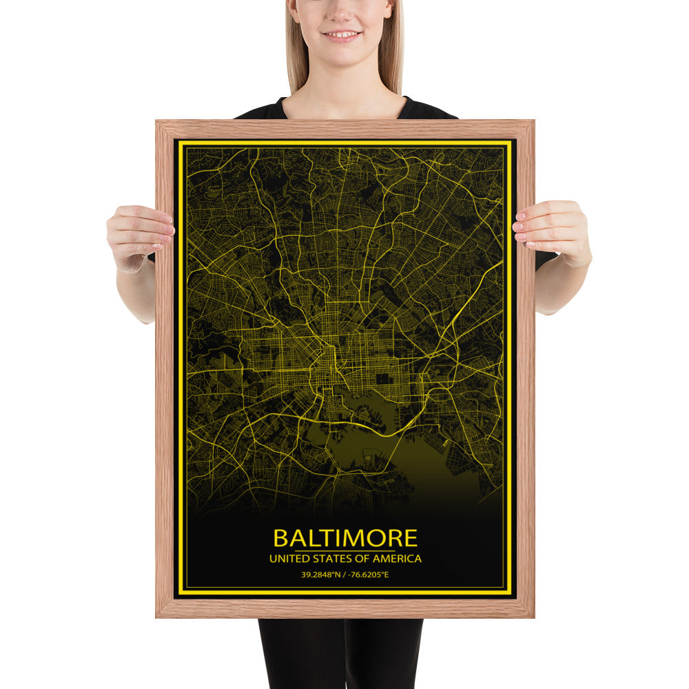 Baltimore Black and Yellow Framed Map